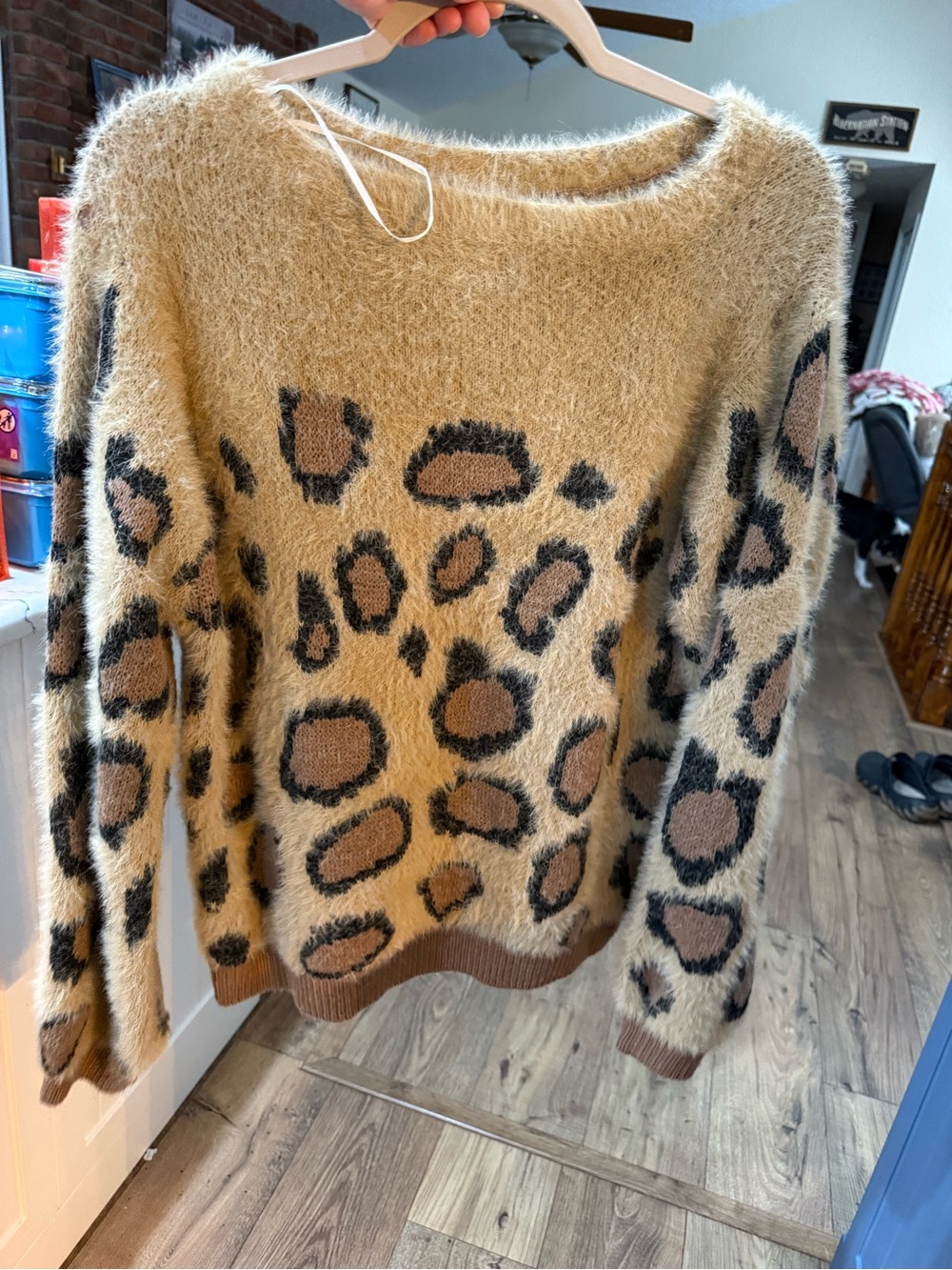Umgee Fuzzy Leopard Crewneck Sweater - Beige, Brown, Black